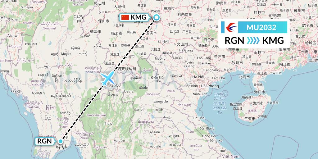 MU2032 China Eastern Airlines Flight Map: Yangon to Kunming