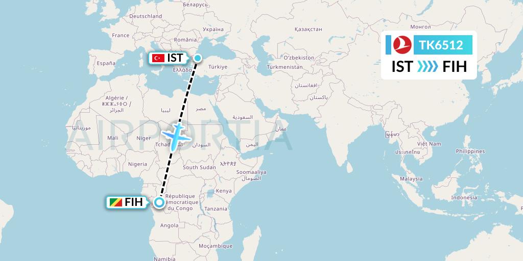 TK6512 Turkish Airlines Flight Map: Istanbul to Kinshasa