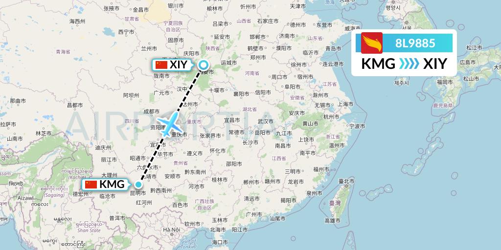 8L9885 Lucky Air Flight Map: Kunming to Xi'an