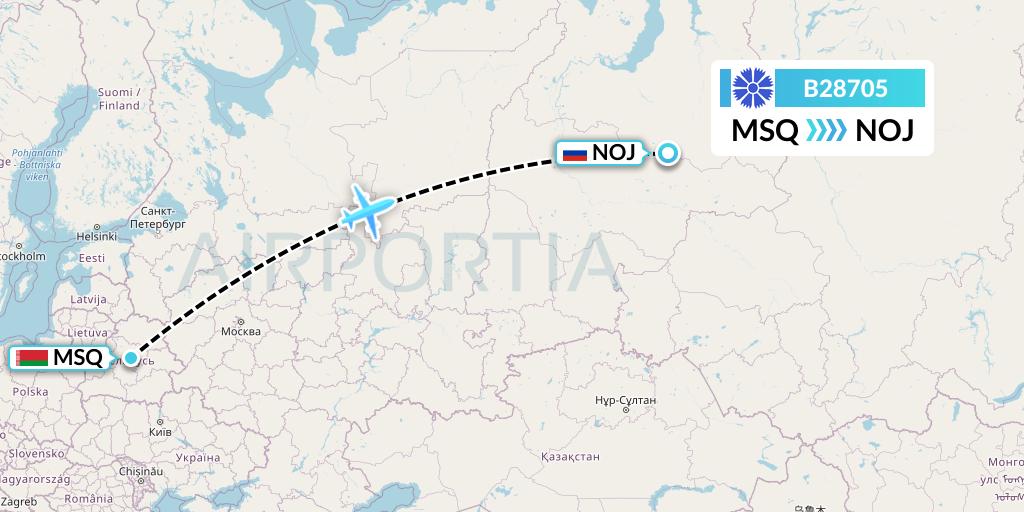B28705 Belavia Flight Map: Minsk to Noyabrsk