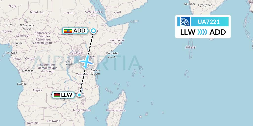 UA7221 United Airlines Flight Map: Lilongwe to Addis Ababa
