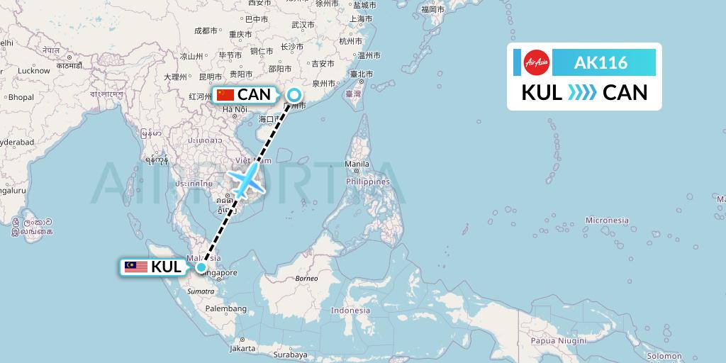 AK116 AirAsia Flight Map: Kuala Lumpur to Guangzhou