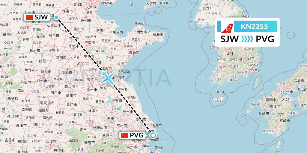 KN2355 China United Airlines Flight Map: Shijiazhuang to Shanghai