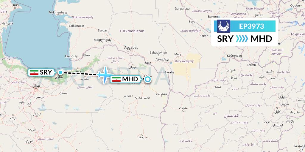 EP3973 Iran Aseman Airlines Flight Map: Sari to Mashhad