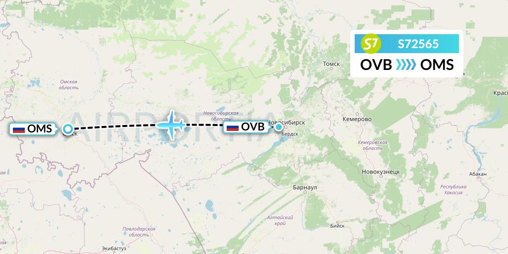 S72565 S7 Airlines Flight Map: Novosibirsk to Omsk