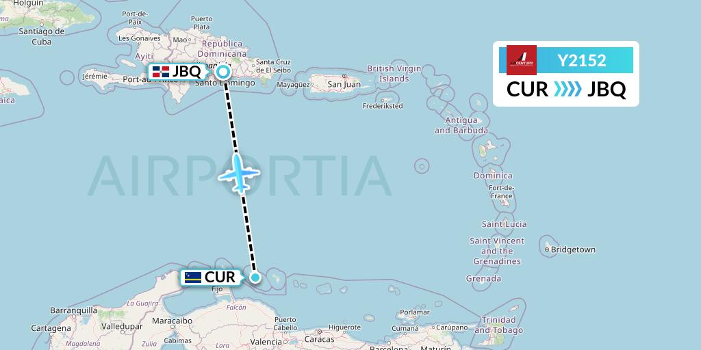 Y2152 Air Century Flight Map: Willemstad to Santo Domingo