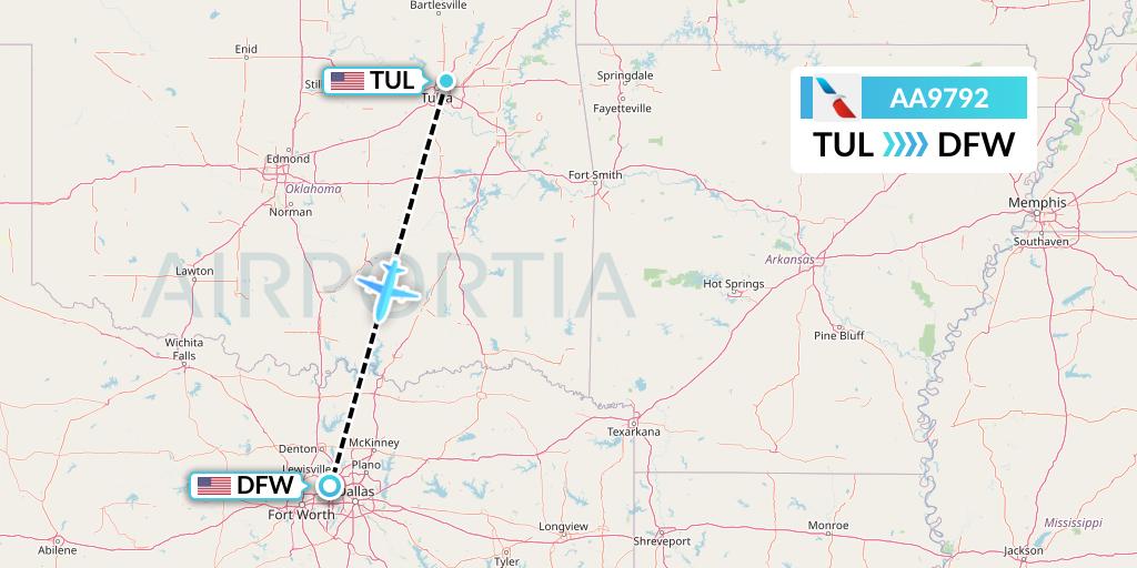 AA9792 American Airlines Flight Map: Tulsa to Dallas