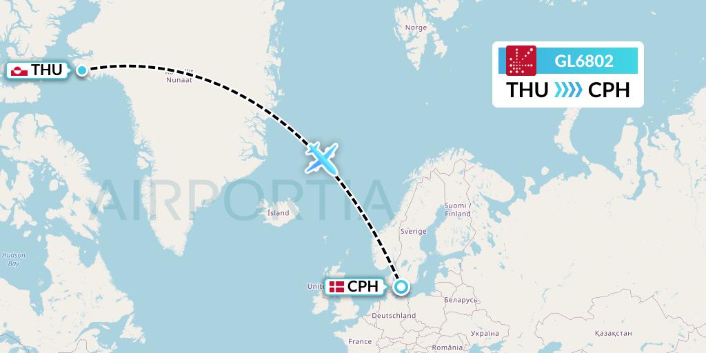 GL6802 Air Greenland Flight Map: Pituffik to Copenhagen
