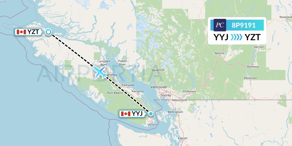 8P9191 Pacific Coastal Airlines Flight Map: Victoria to Port Hardy