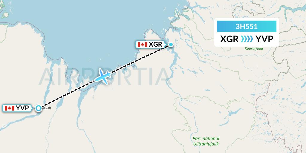 3H551 Air Inuit Flight Map: Kangiqsualujjuaq to Kuujjuaq