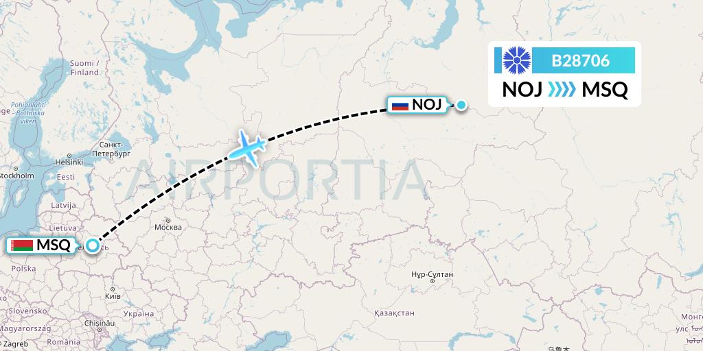 B28706 Belavia Flight Map: Noyabrsk to Minsk