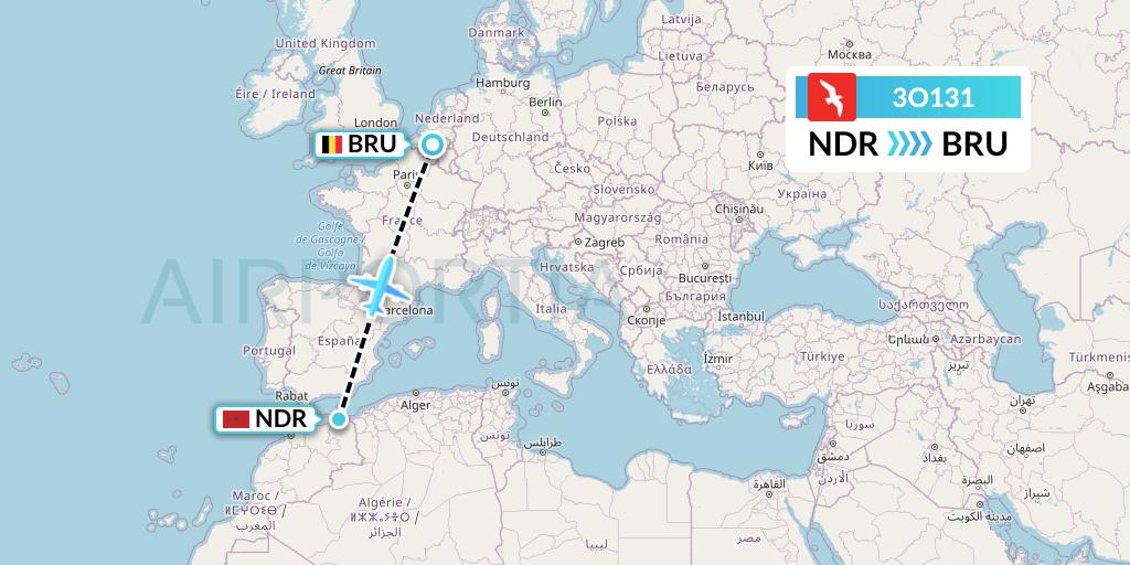 3O131 Air Arabia Maroc Flight Map: Nador to Brussels