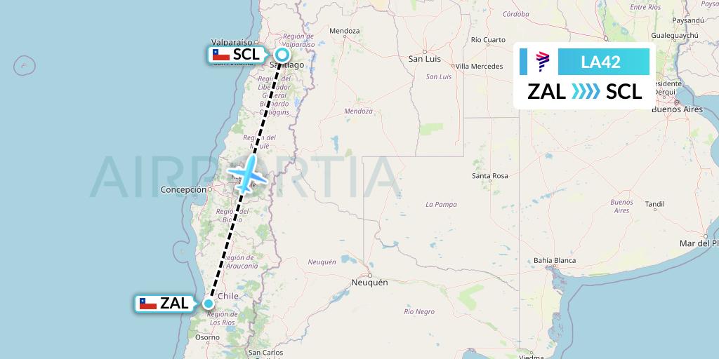 LA42 LAN Airlines Flight Map: Valdivia to Santiago
