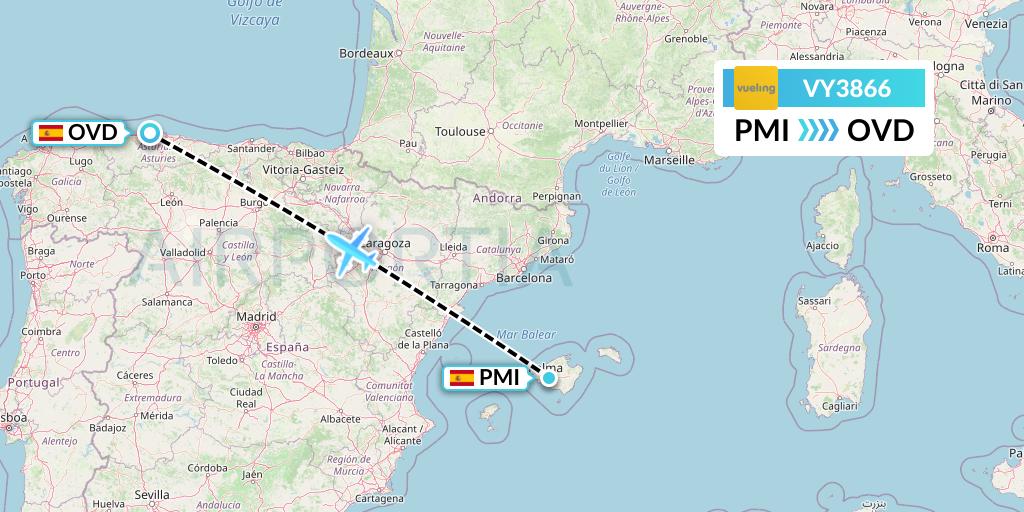 VY3866 Vueling Flight Map: Palma de Mallorca to Asturias