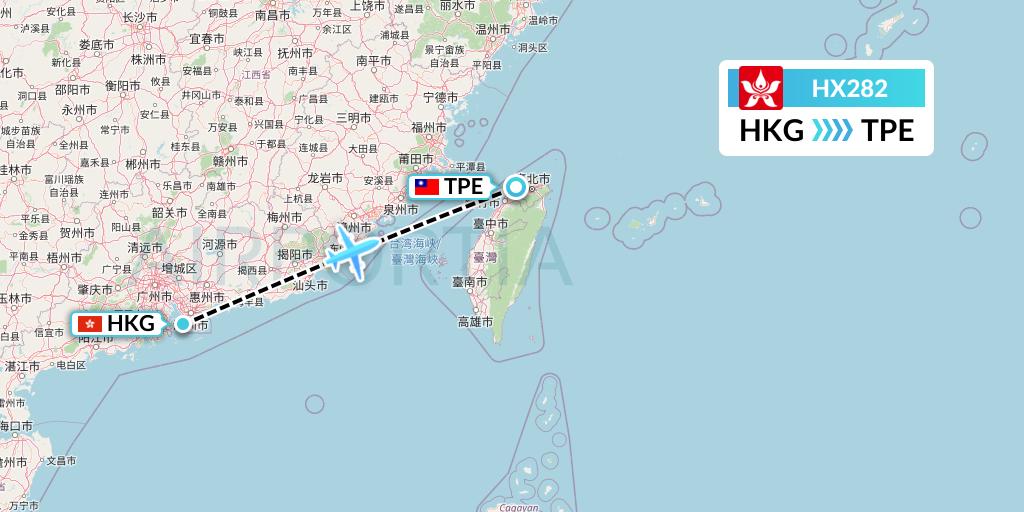 HX282 Hong Kong Airlines Flight Map: Hong Kong to Taipei