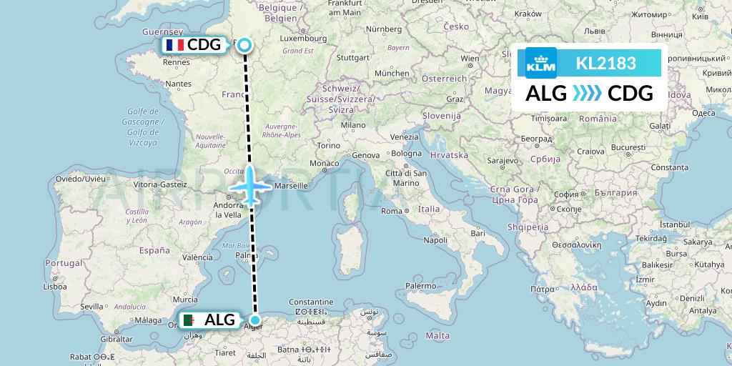 KL2183 KLM Flight Map: Algiers to Paris