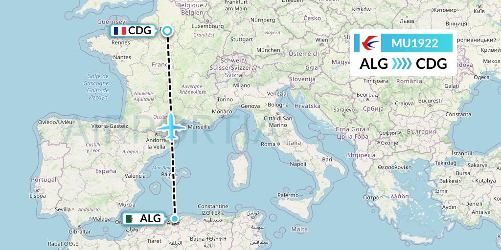 MU1922 China Eastern Airlines Flight Map: Algiers to Paris