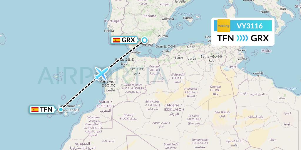 VY3116 Vueling Flight Map: Tenerife to Granada