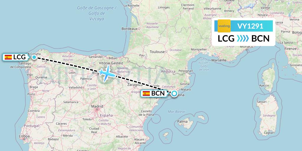VY1291 Vueling Flight Map: A Coruna to Barcelona