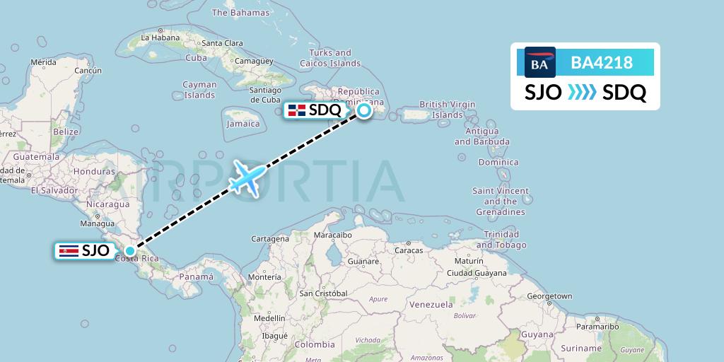 BA4218 British Airways Flight Map: San Jose to Santo Domingo
