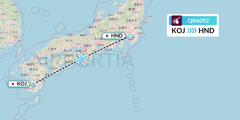 QR6092 Qatar Airways Flight Map: Kagoshima to Tokyo
