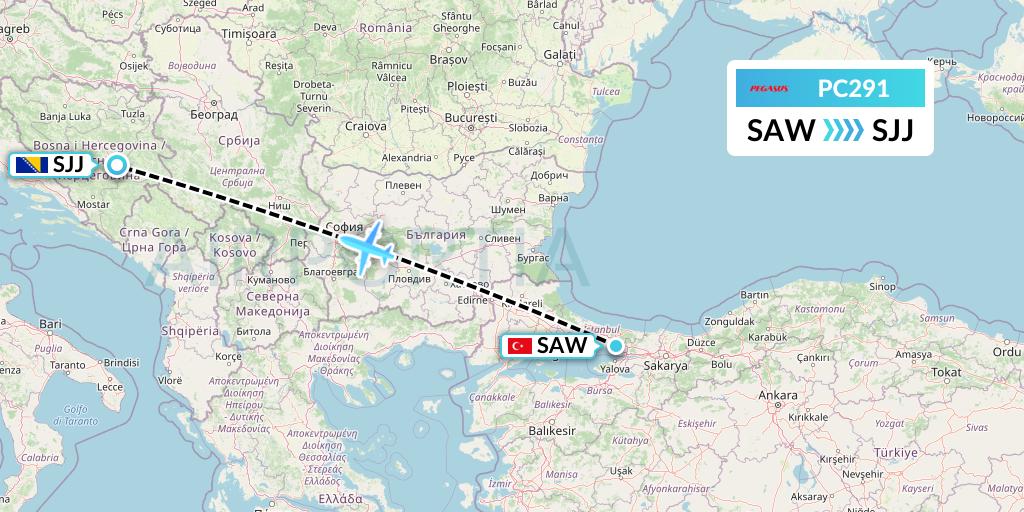 PC291 Pegasus Airlines Flight Map: Istanbul to Sarajevo