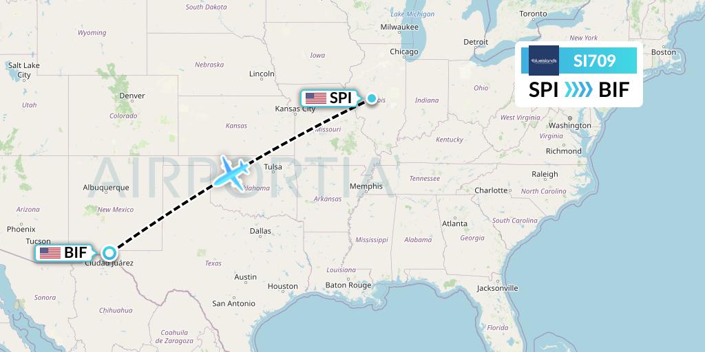 SI709 Blue Islands Flight Map: Springfield to Fort Bliss-El Paso