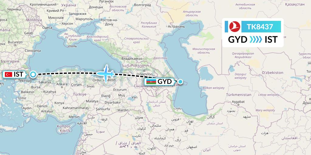 TK8437 Turkish Airlines Flight Map: Baku to Istanbul