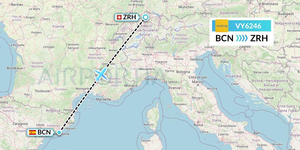 VY6246 Vueling Flight Map: Barcelona to Zurich
