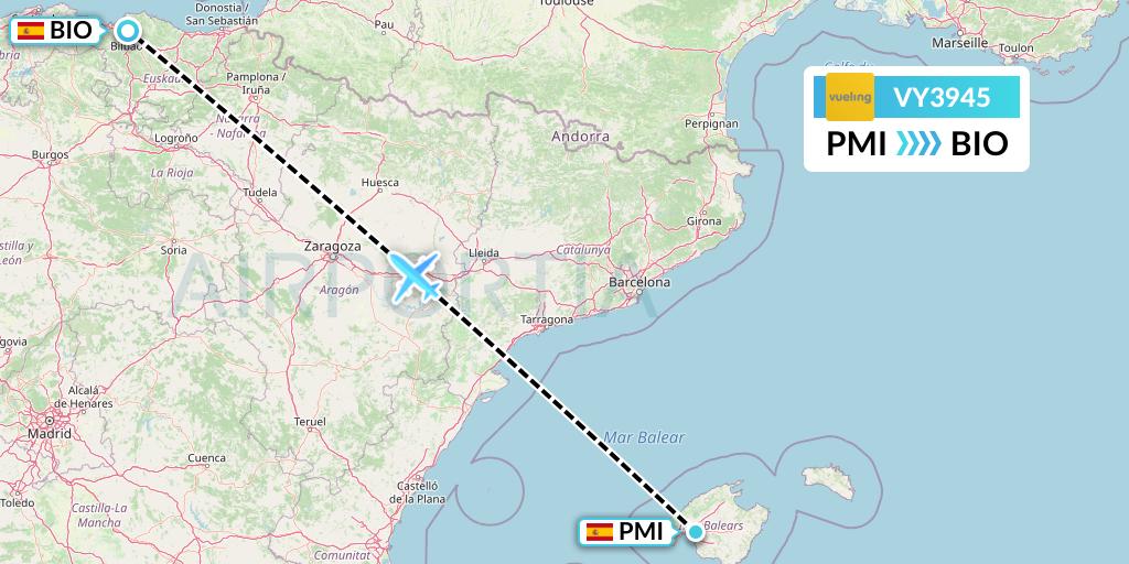 VY3945 Vueling Flight Map: Palma de Mallorca to Bilbao