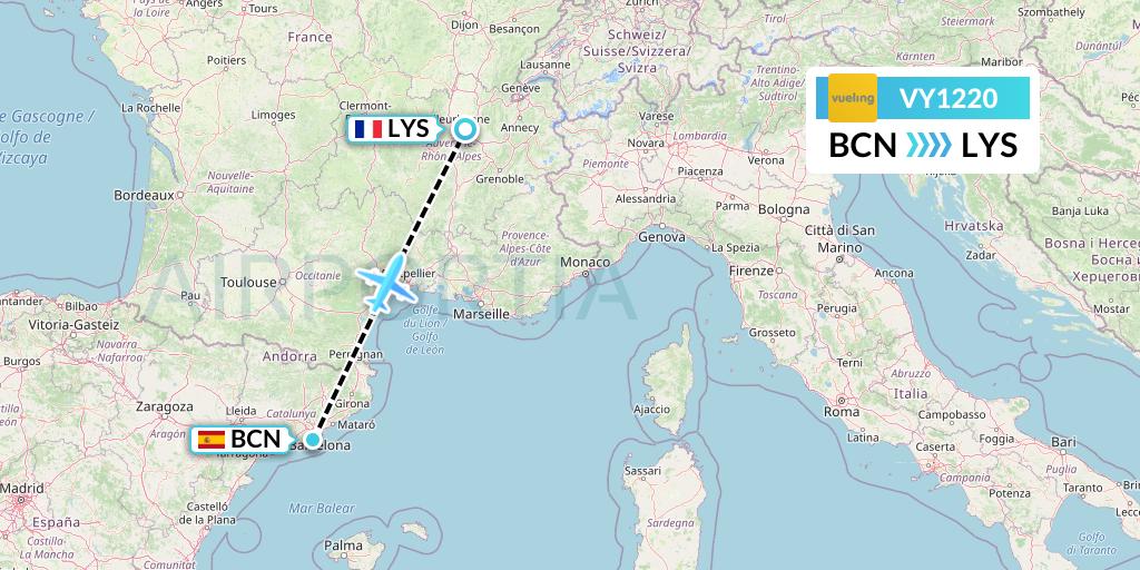 VY1220 Vueling Flight Map: Barcelona to Lyon