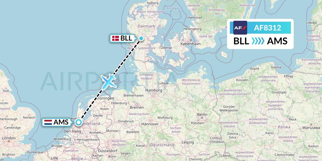 AF8312 Air France Flight Map: Billund to Amsterdam