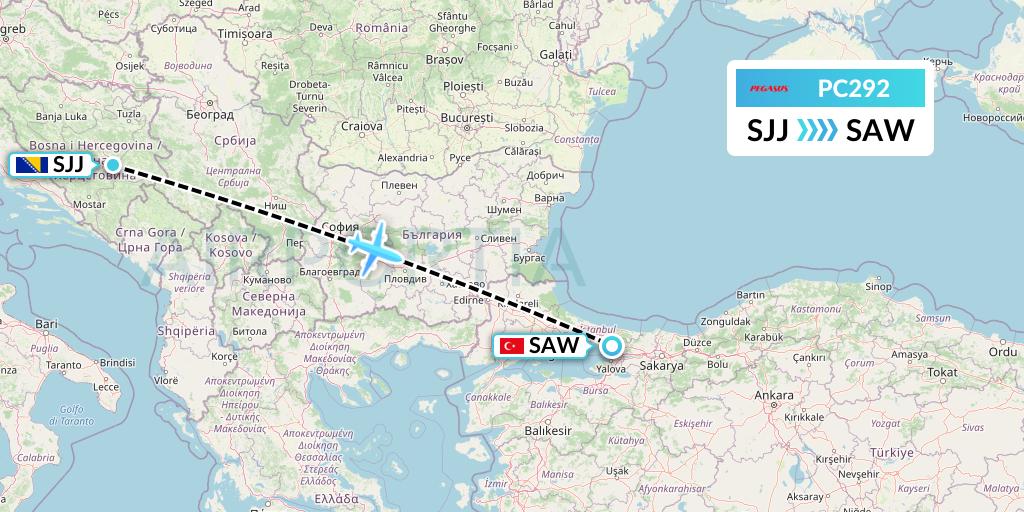 PC292 Pegasus Airlines Flight Map: Sarajevo to Istanbul