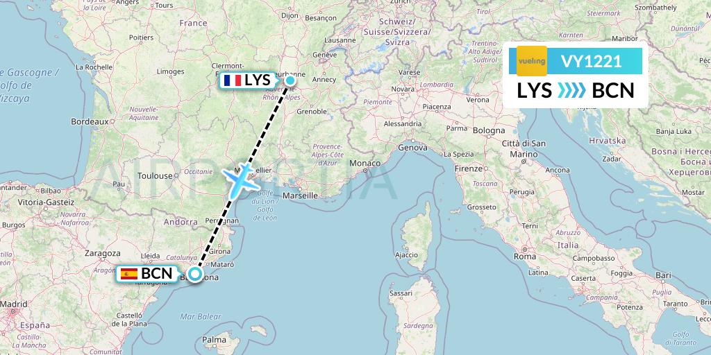 VY1221 Vueling Flight Map: Lyon to Barcelona