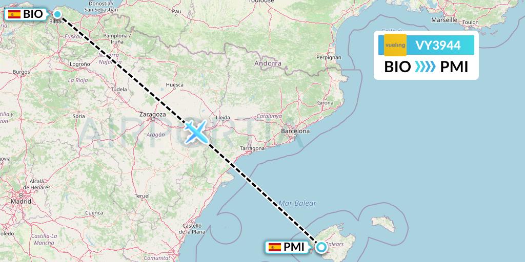 VY3944 Vueling Flight Map: Bilbao to Palma de Mallorca