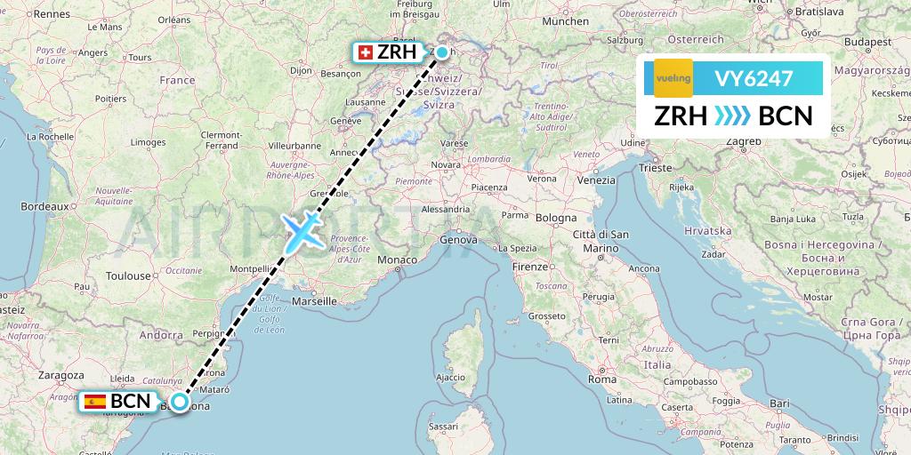 VY6247 Vueling Flight Map: Zurich to Barcelona