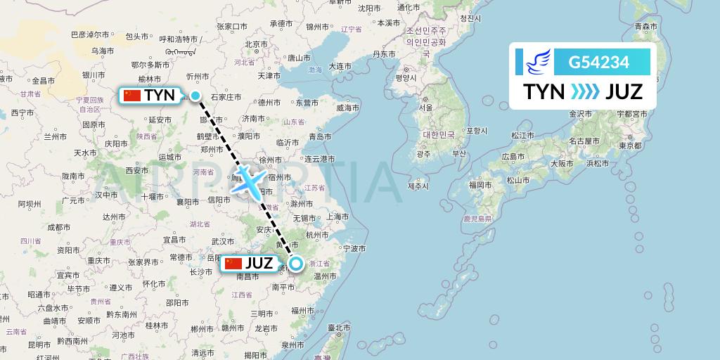 G54234 China Express Airlines Flight Map: Taiyuan to Quzhou