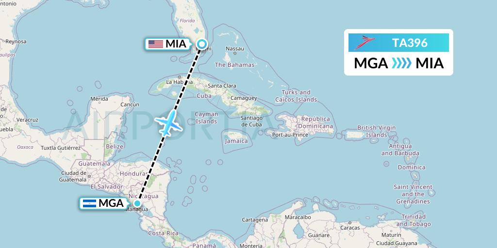 TA396 TACA Airlines Flight Map: Managua to Miami