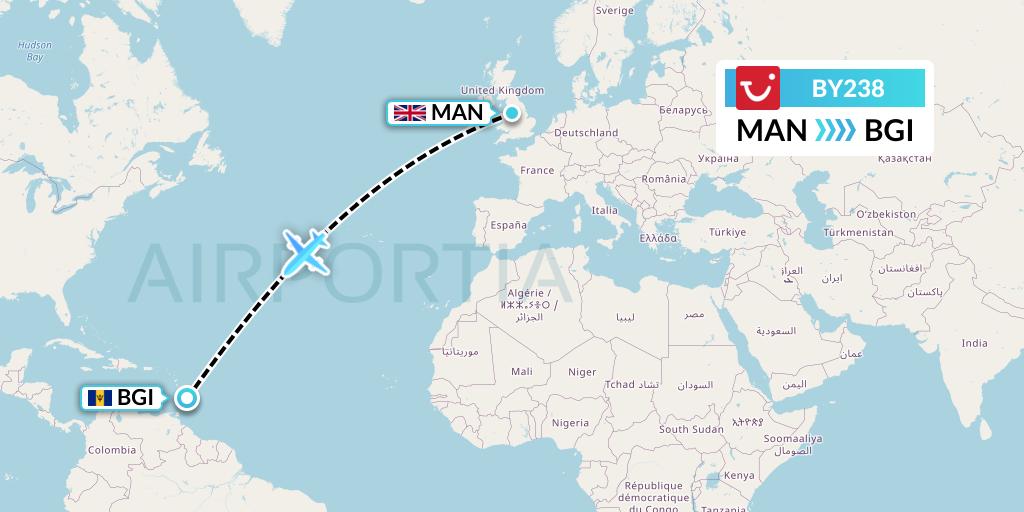 BY238 TUI Airways Flight Map: Manchester to Bridgetown