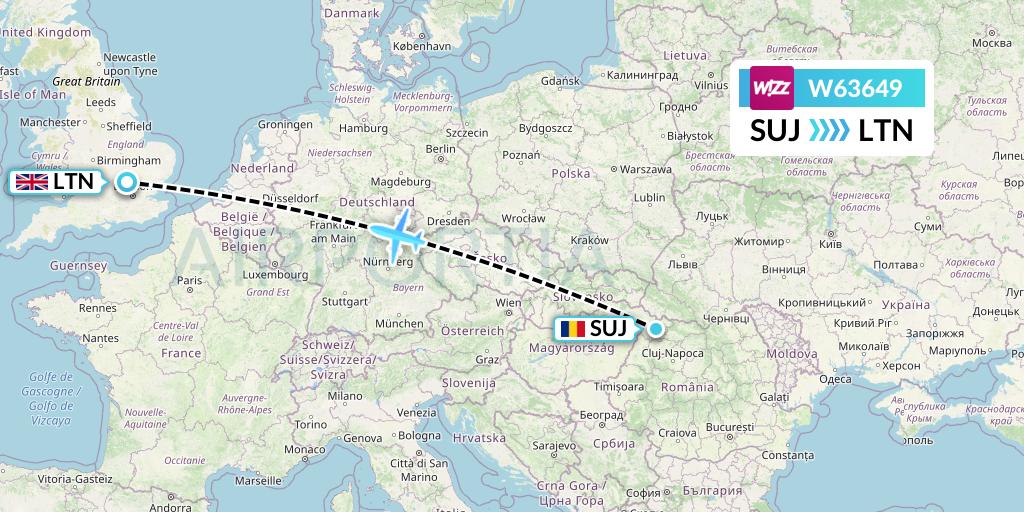 W63649 Wizz Air Flight Map: Satu Mare to London