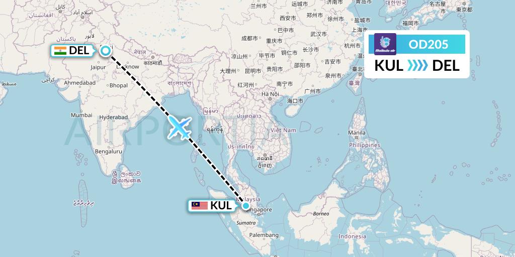 OD205 Batik Air Malaysia Flight Map: Kuala Lumpur to Delhi