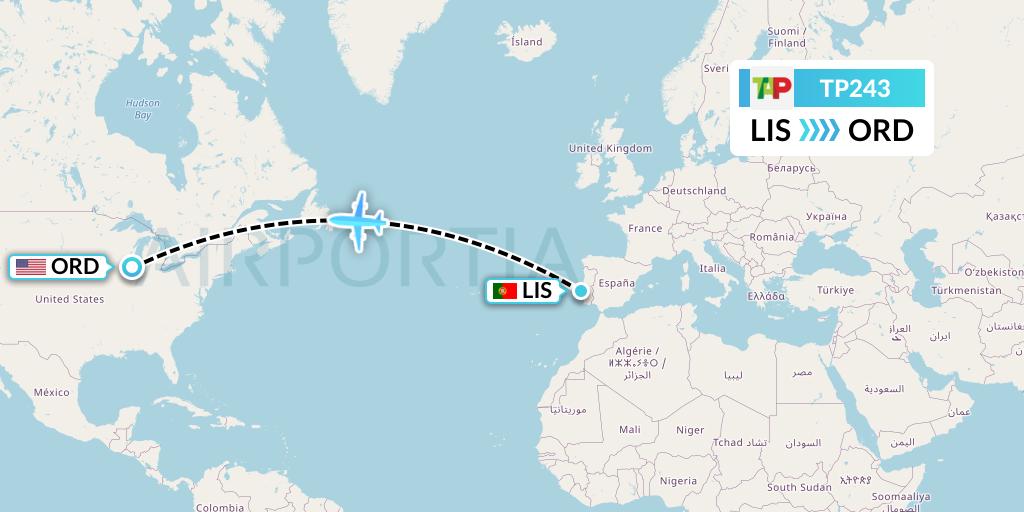 TP243 TAP Portugal Flight Map: Lisbon to Chicago