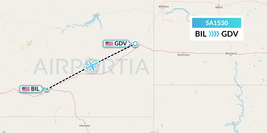 5A1530 Alpine Air Express Flight Map: Billings to Dawson