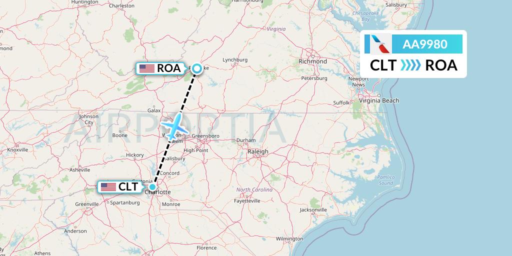AA9980 American Airlines Flight Map: Charlotte to Roanoke