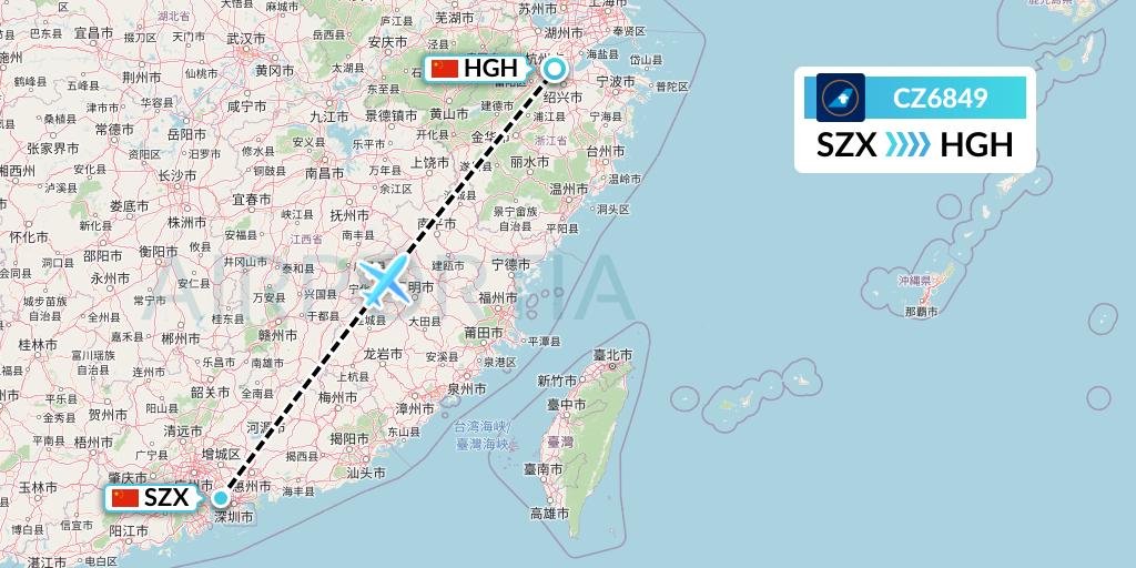 CZ6849 China Southern Airlines Flight Map: Shenzhen to Hangzhou