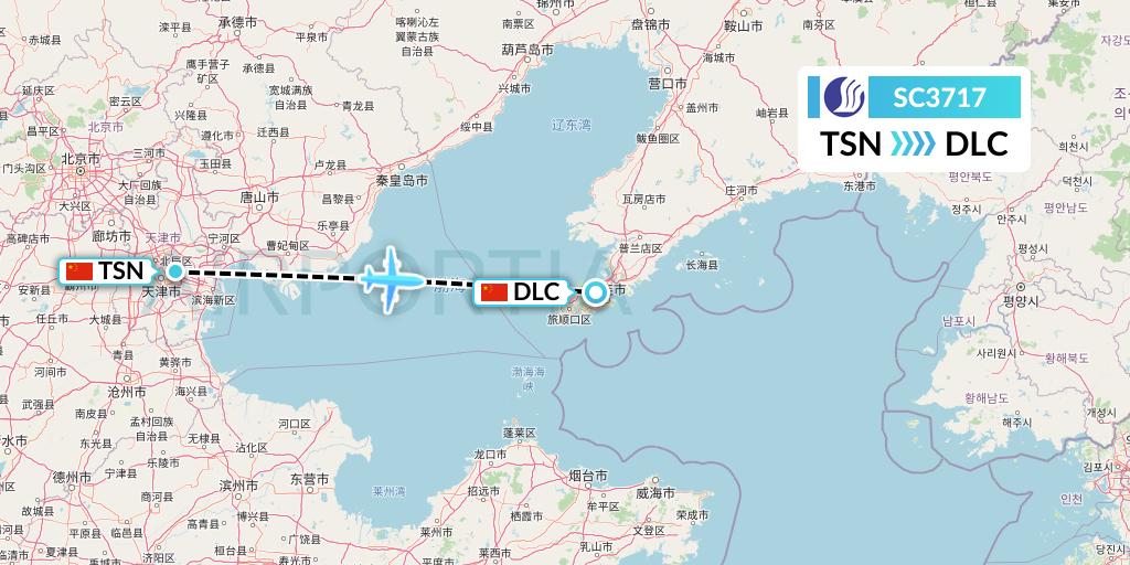 SC3717 Shandong Airlines Flight Map: Tianjin to Dalian