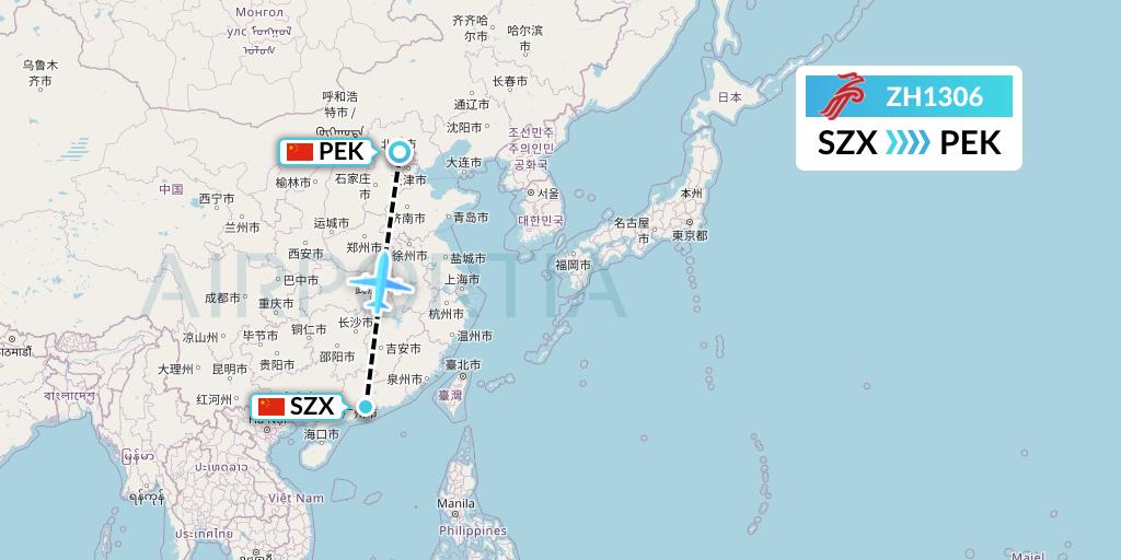 ZH1306 Shenzhen Airlines Flight Map: Shenzhen to Beijing