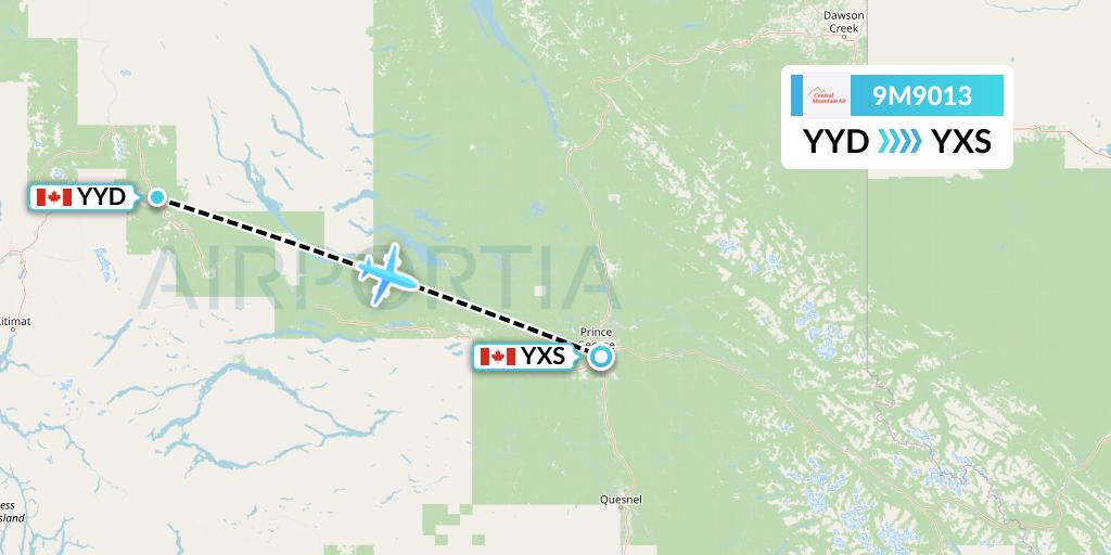 9M9013 Central Mountain Air Flight Map: Smithers to Prince George