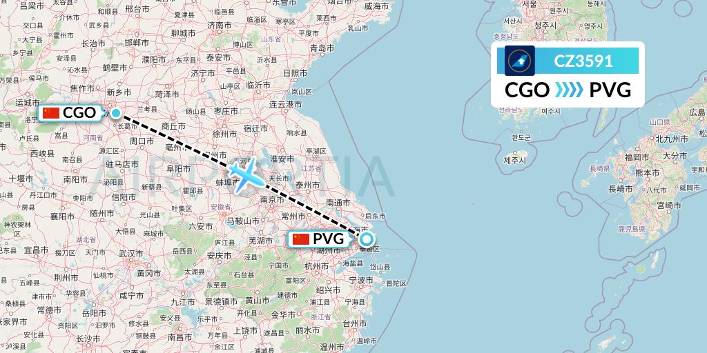 CZ3591 China Southern Airlines Flight Map: Zhengzhou to Shanghai
