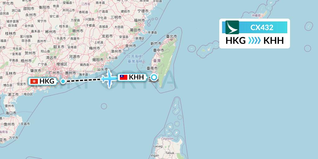 CX432 Cathay Pacific Flight Map: Hong Kong to Kaohsiung